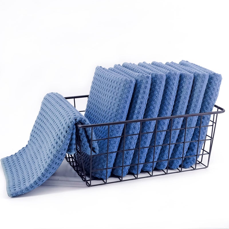 POLYTE Ultra Premium Microfiber Kitchen Dish Hand Towel Waffle Weave, 8 Pack (16x28 in, Blue) - Image 3